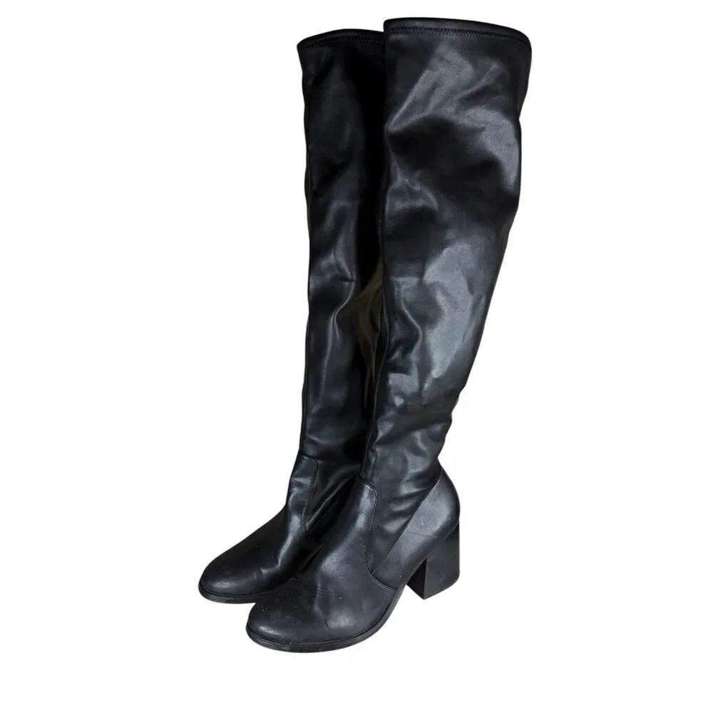 Steve Madden Black Faux Leather Over The Knee Stretch Sock Boots Size 10